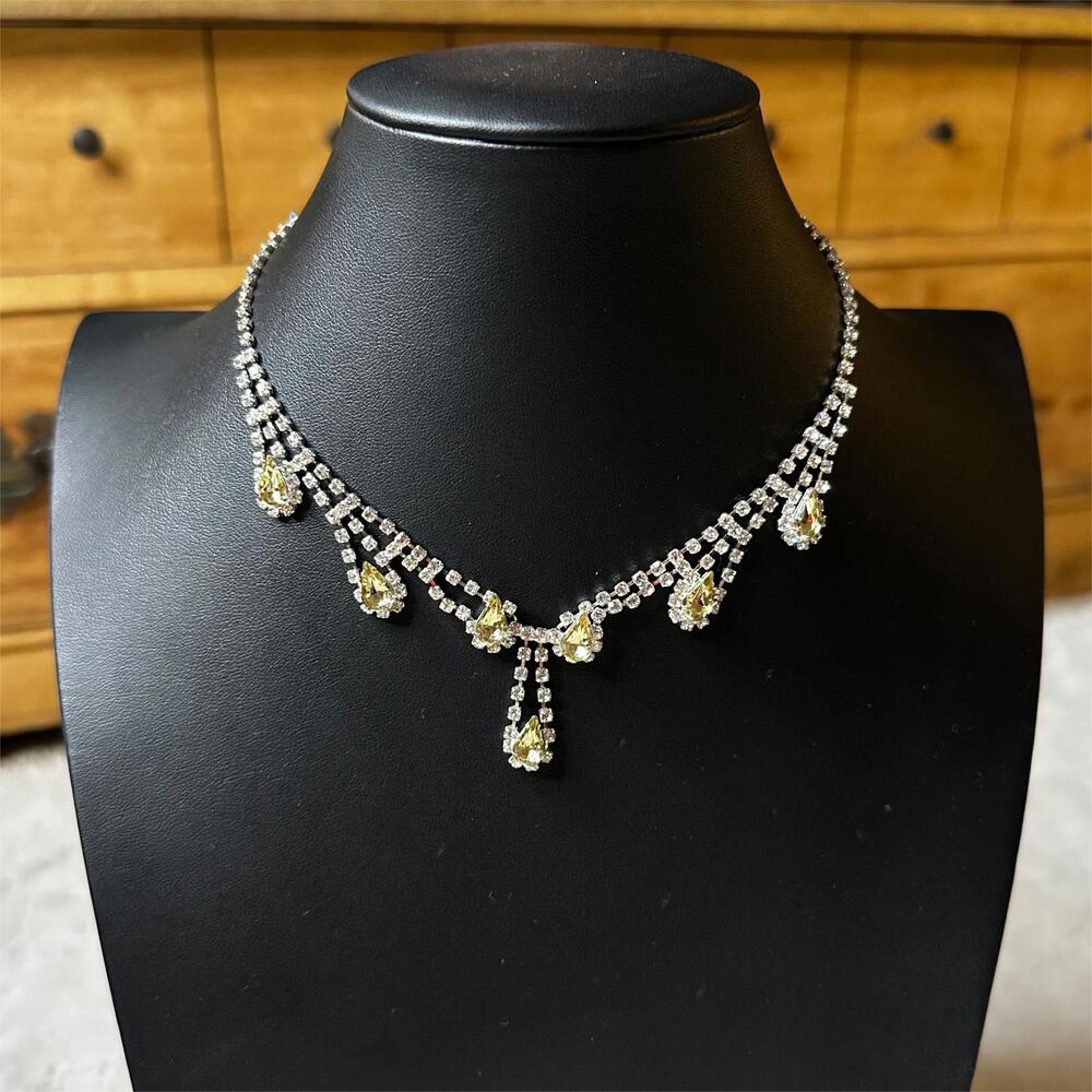 Yellow & Clear Rhinestone Statement Necklace 8 Inch Adjustable Wedding Jewelry